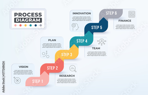Process diagram infographic with 6 business icon. Step up to goal concept.