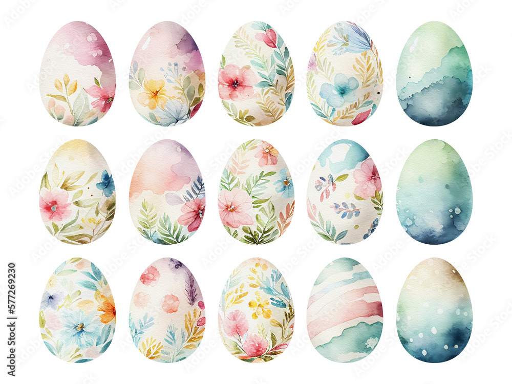 Watercolor set of easter eggs on transparent background. Generative ai.