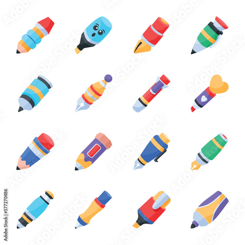 Bundle of Writing Accessories Flat Icons 

