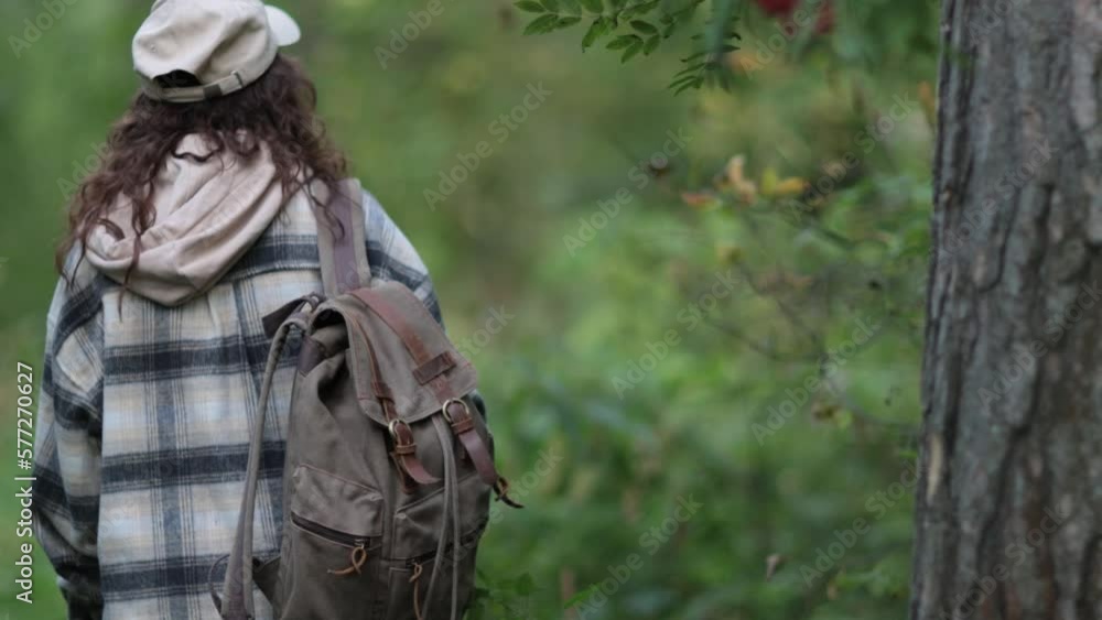 Young woman hipster with backpack walking in woods, joying looking around and touching tree by hands Young woman hipster with backpack walking in woods, joying looking around and touching tree by hands