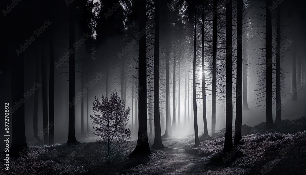 Fototapeta premium Mystical Forest with Misty Surroundings and Tall Trees, Black and White