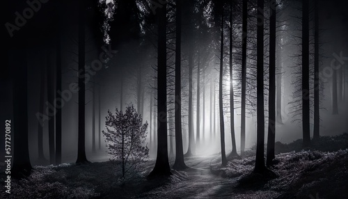 Mystical Forest with Misty Surroundings and Tall Trees, Black and White