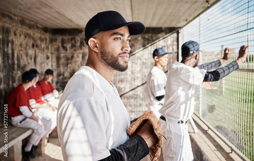 Baseball, sports and man with team in stadium watching games, practice match and competition on field. Fitness, teamwork and male athlete in dugout waiting for exercise, training and sport workout