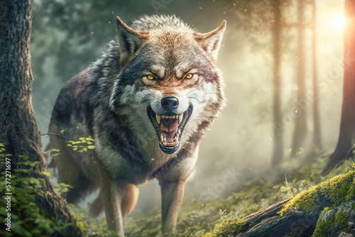 Dangerous wolf grins and roars in the woods near hiking trail. AI generative