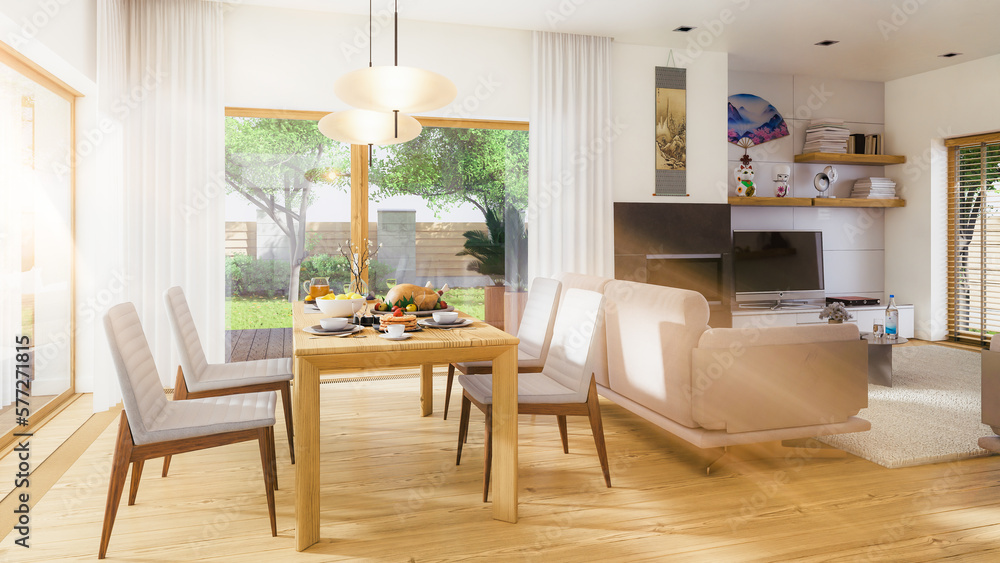 A Japanese-style living room where sunlight shines through the glass door in the morning gives a warm feeling.3d rendering.