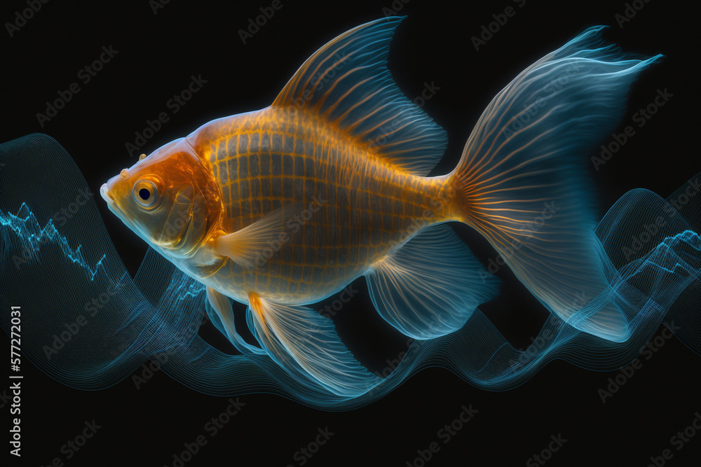 Veterinary concept, pulse, goldfish heartbeat, black background. Generative AI.