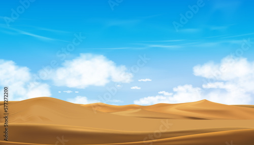 Blue sky with fluffy cloud and Desert landscape with Sand Dunes in hot Sunny day Summer Vector Panorama Beautiful nature with Brown sand in Morning Spring Concept for Travel or Spring Summer Promotion