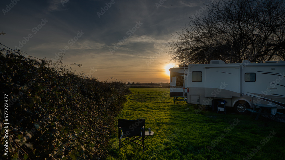 Back of Rv with sunset 