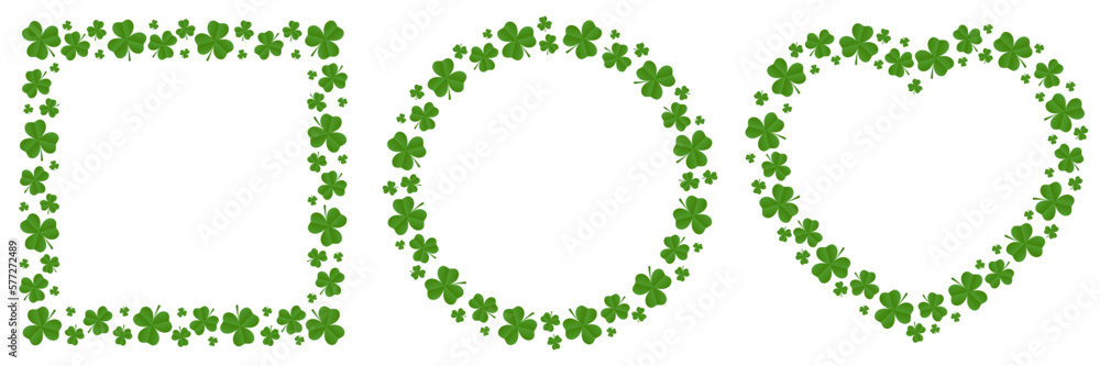 Set of made of shamrocks. Frames of different shapes: square, round, heart Set of made of shamrocks. Frames of different shapes: square, round, heart