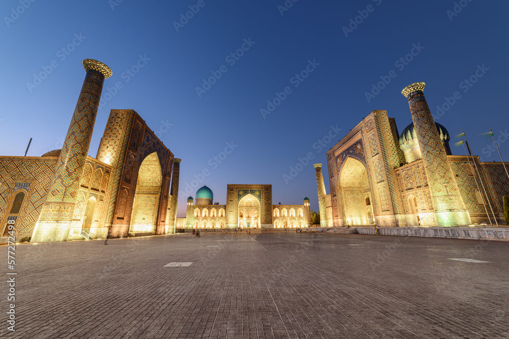 Evening view of the Registan Square in Samarkand, Uzbekistan