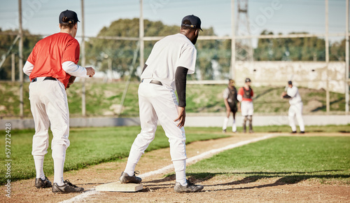 Sports, baseball and teamwork with men on field for training, competition matcha and exercise. Home run, focus and fitness with group of people playing in park stadium for pitcher, cardio and batter
