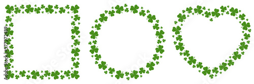 Set of made of shamrocks. Frames of different shapes: square, round, heart