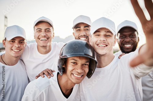 Photography Teamwork, happy and selfie with baseball player on field for training, fitness and social media post