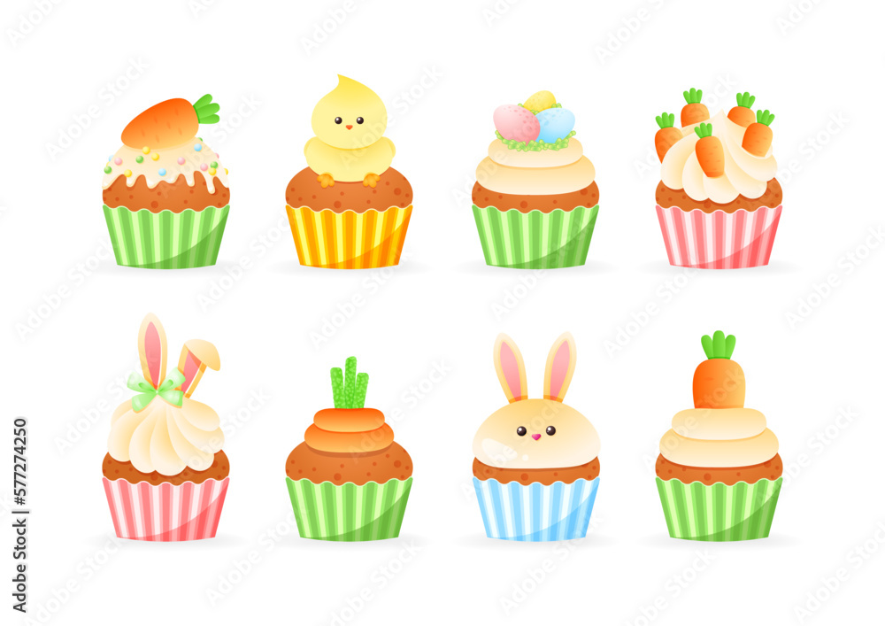 Set of cute Easter cupcake icons. Cute illustrations of funny sweet muffins with kids decor isolated on a white background. Vector 10 EPS.
Set of cute Easter cupcake icons. Cute illustrations of funny sweet muffins with kids decor isolated on a white background. Vector 10 EPS.