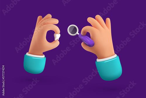Tooth protection vector illustration. Cartoon hands holding tooth implant dentist mirror. Teeth dentistry banner template. Set of doctors arms with orthodontic accessories.