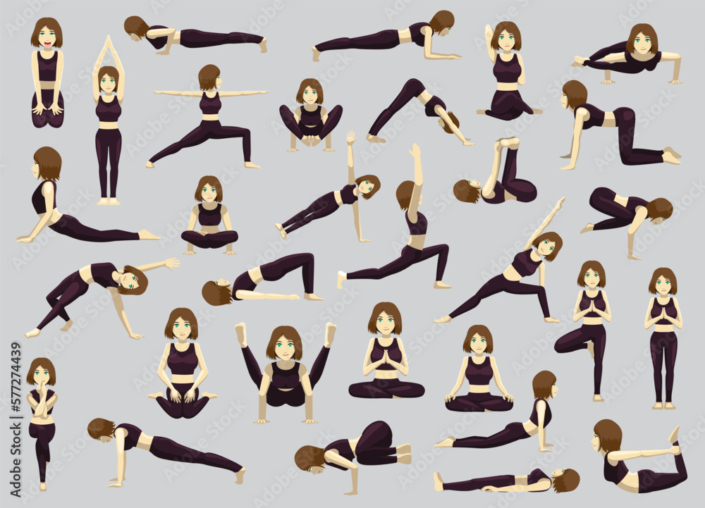 Manga Yoga Woman Poses Characters Cartoon Vector