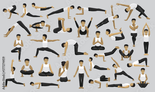 Manga Yoga Man Poses Characters Cartoon Vector