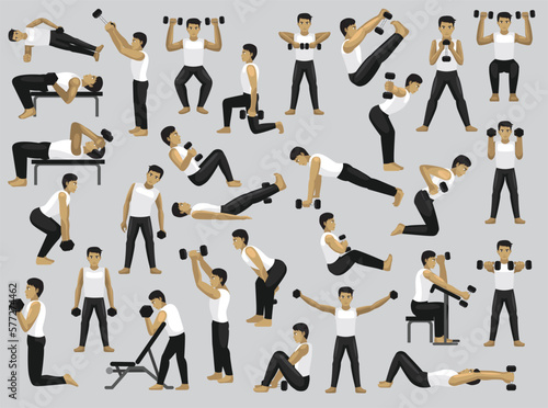 Manga Dumbbell Man Poses Characters Cartoon Vector