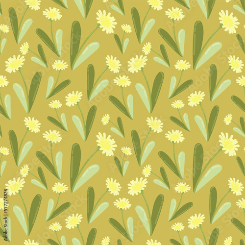 Vector seamless pattern with primroses and spring flowers dandelion. The work is done in delicate pastel colors, suitable for any of your designs and decorations. For textile, fabric, wallpaper, cards