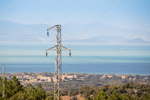 An electric pole with lines and cables for transmitting energy to consumers in wildlife reserve