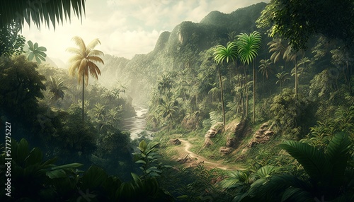 Tropical jungle background. Generative AI technology.