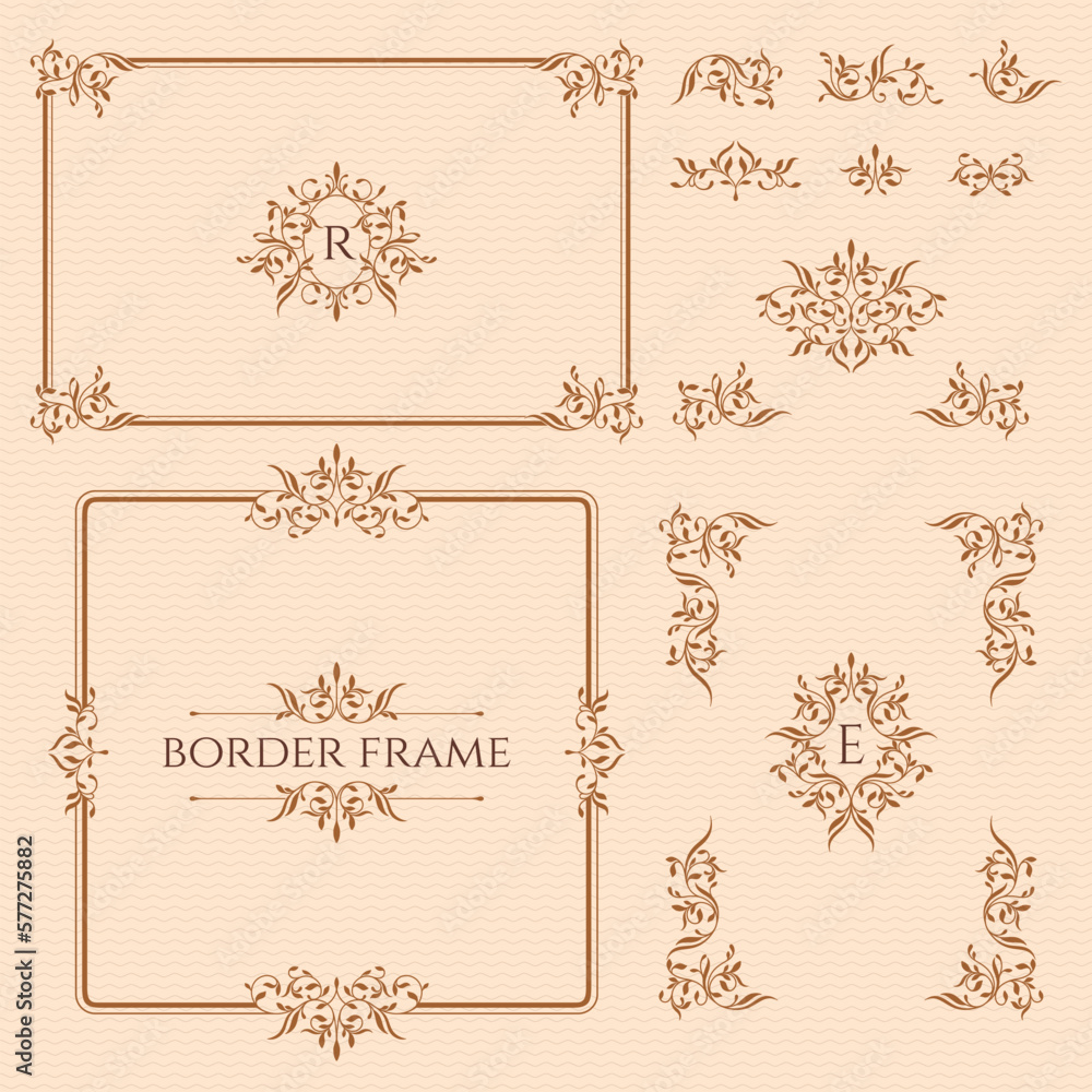 Set of decorative frames, borders, corners and monograms.  Graphic design page. Ornamental pattern.