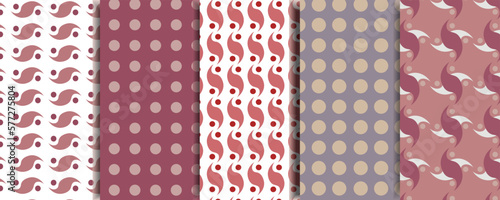 Set of seamless patterns with circles and swirls for fabric design, packaging, wallpapers, tiles.