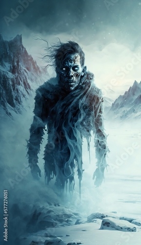 Photo Ice Zombie in an Arctic Environment Walking Toward the Viewer Generative AI