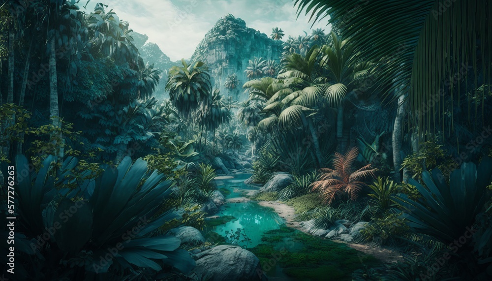 Tropical rainforest background. Generative AI technology.