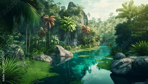 Tropical forest river background. Generative AI technology.