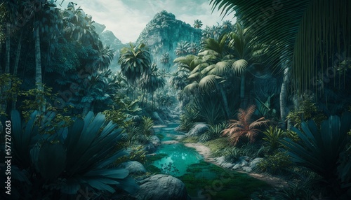 Tropical rainforest background. Generative AI technology. © Hero Design
