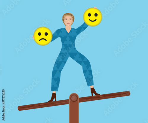 Mature woman on teeter board. Holding up the happier face. Vector illustration.