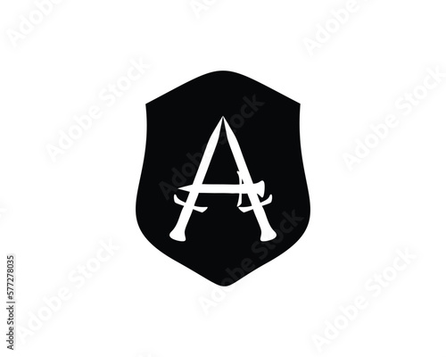 letter A, Knife and shield silhouette. isolated white background. premium vector design. Best for logo, badge, emblem, icon, design sticker, military industry. available in eps 10.