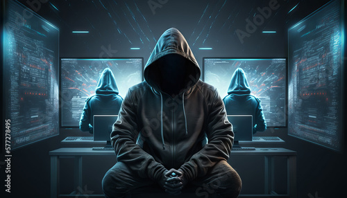 Hooded hacker in front of computer screen with binary code Generative AI