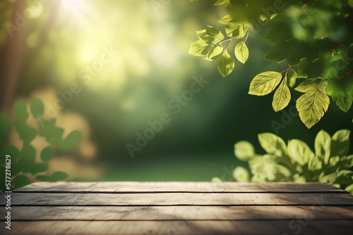 Natural template with Beauty bokeh and sunlight . Beautiful spring background with green juicy young foliage and empty wooden table in nature outdoor.  