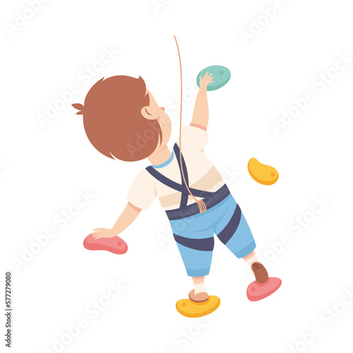 Little Boy Climbing Wall Crawling Up Equipped with Rope Gripping to Ledges Back View Vector Illustration