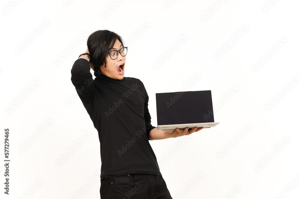 Fototapeta premium Showing Apps or Ads On Laptop Blank Screen Of Handsome Asian Man Isolated On White Background