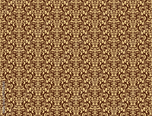 Wallpaper in the style of Baroque. Seamless vector background. Gold and brown floral ornament. Graphic pattern for fabric, wallpaper, packaging. Ornate Damask flower ornament