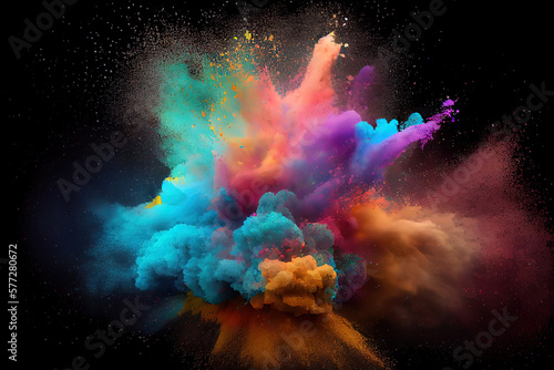 Colored powder explosion on black background. Generative Ai