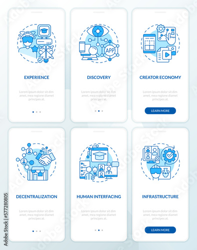 Layers of metaverse technology blue onboarding mobile app screens set. Walkthrough 3 steps editable graphic instructions with linear concepts. UI, UX, GUI template. Myriad Pro-Bold, Regular fonts used