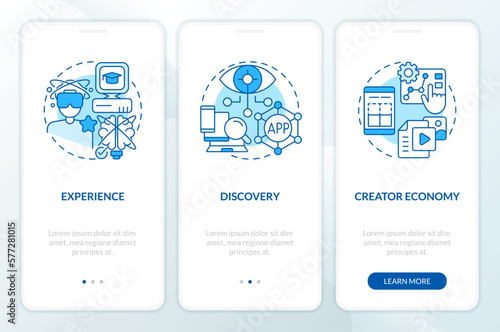 Multiverse layers blue onboarding mobile app screen. Virtual reality walkthrough 3 steps editable graphic instructions with linear concepts. UI, UX, GUI template. Myriad Pro-Bold, Regular fonts used