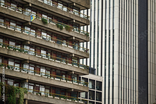 Modernist architecture of the estate and buildings in the Barbican district of London photo