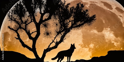 Wolf Silhouette vor Vollmond in der Nacht, ai generativ