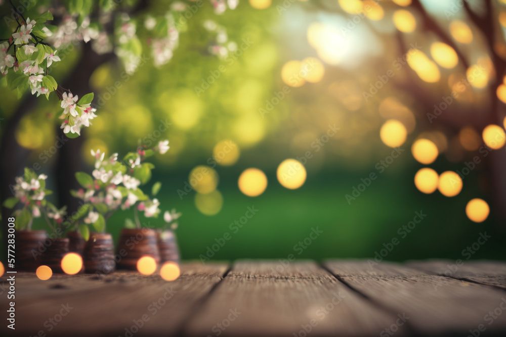 Magic background of spring blossoms on wooden table in green garden with bokeh lights. Generative ai. Magic background of spring blossoms on wooden table in green garden with bokeh lights. Generative ai.