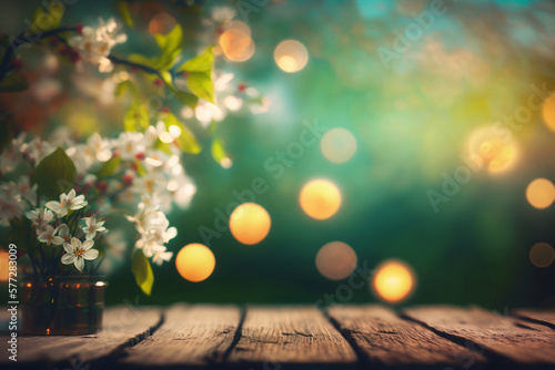 Magic background of spring blossoms on wooden table in green garden with bokeh lights. Generative ai.