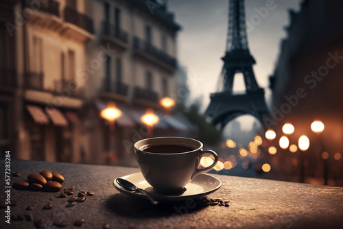 Delicious coffee on blurred background of Paris cozy street and Eiffel tower. Generative AI