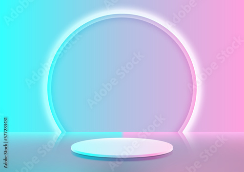 3D realistic blue and pink podium stand with circle neon light backdrop minimal wall scene background