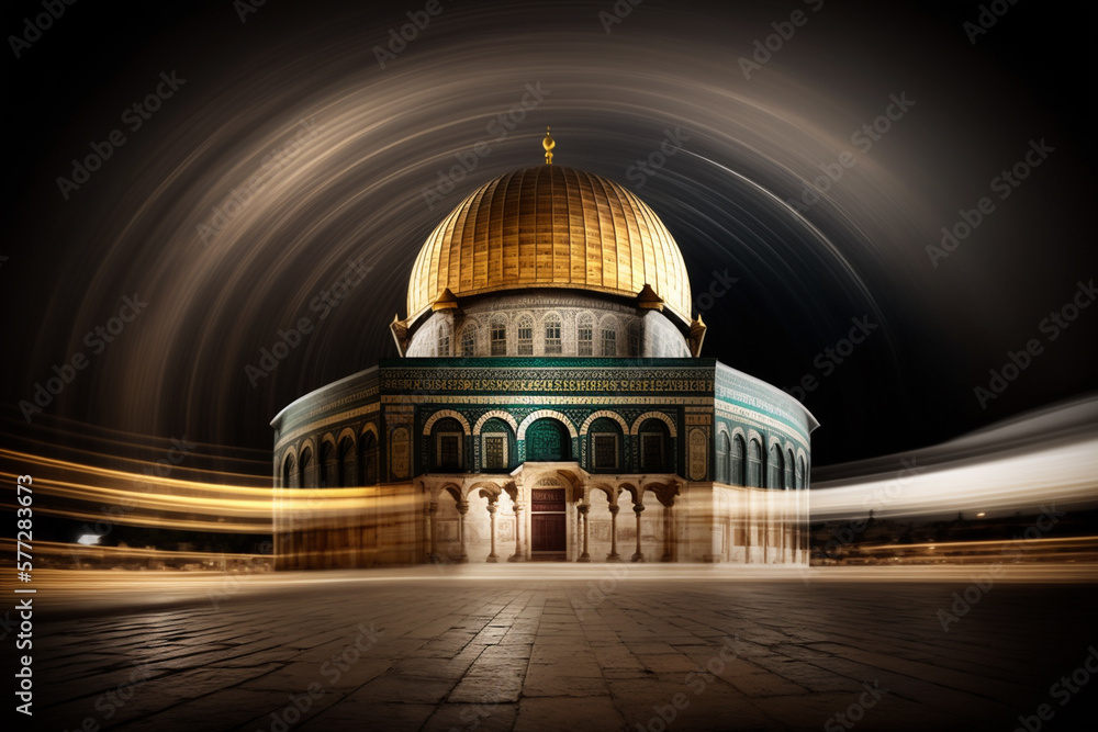 Obraz premium The Dome of the Rock in Jerusalem. Night view, long exposure. Generative ai.