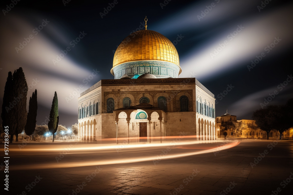 Fototapeta premium The Dome of the Rock in Jerusalem. Night view, long exposure. Generative ai.