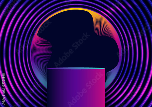 3D realistic neon colors podium with neon lighting circles pattern on black background technology cyberpunk style